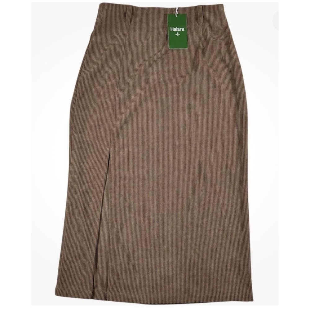 Halara Corduroy Side Slit Midi Skirt S Brown Ribbed High Waist Boho Minimal NWT - Picture 2 of 11